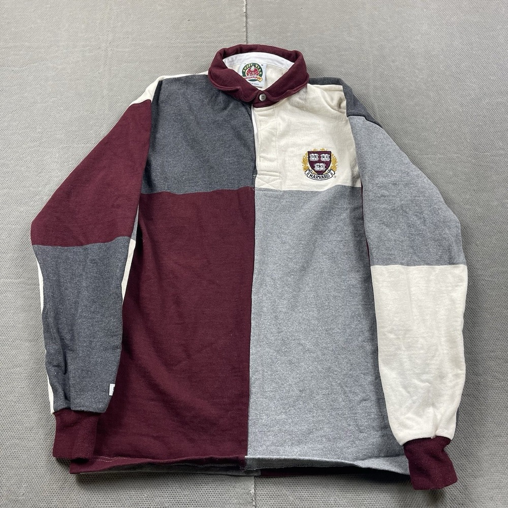 Vintage Barbarian Harvard University Patch Long Sleeve Rugby Shirt‎ Mens Medium